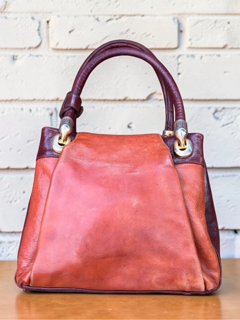 Marino Orlandi Two-Tone Tan & Dark Brown Leather Satchel
